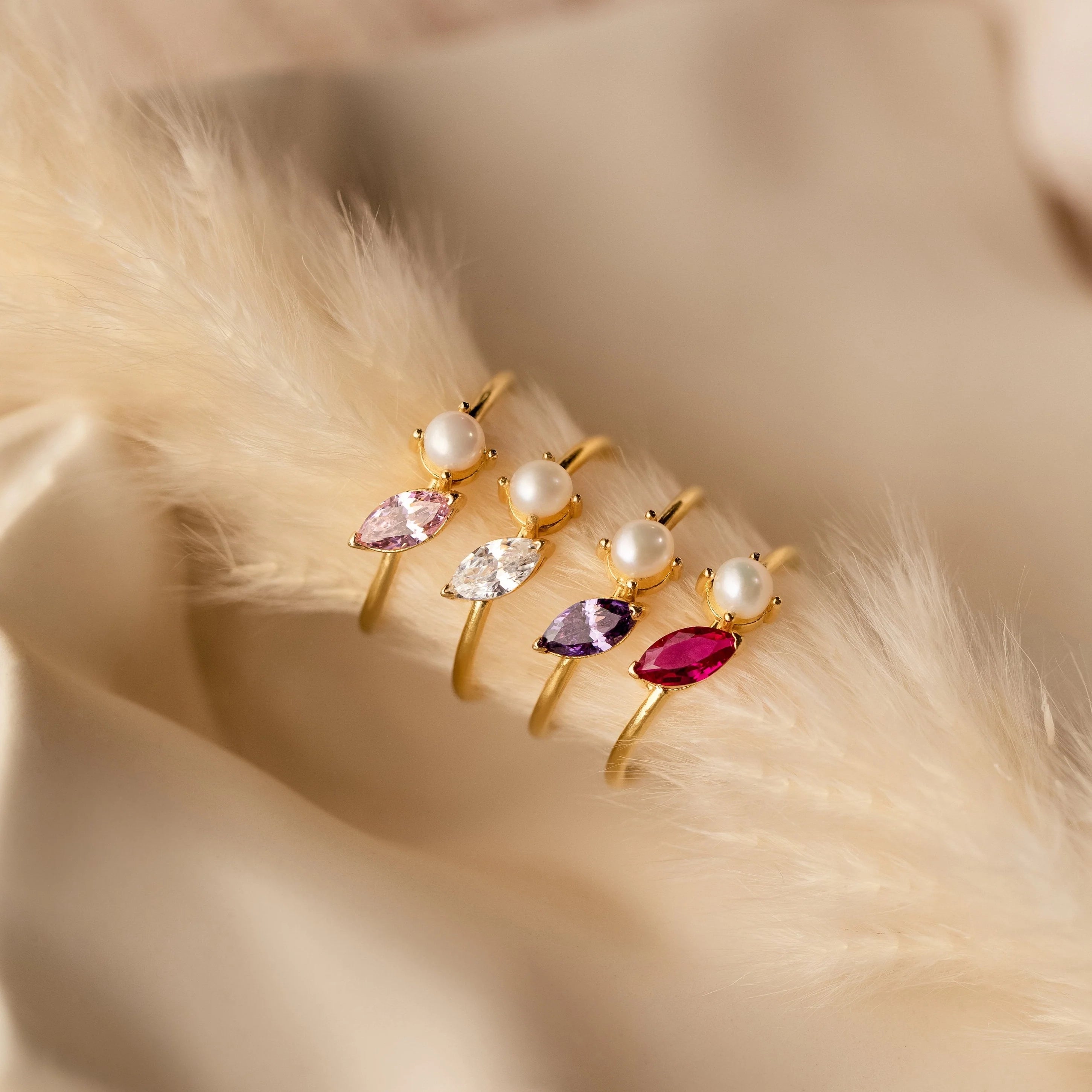 Marquise Birthstone Pearl Ring Silver 18K Gold Plated