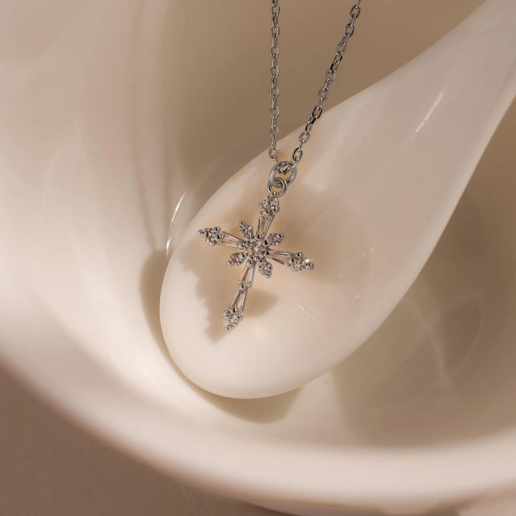 Vintage Diamond Cross Necklace Silver 18K Gold Plated