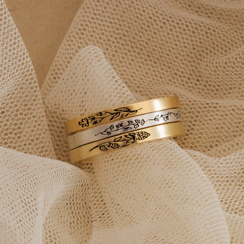 Stacking Birth Flower Band Silver 18K Gold Plated