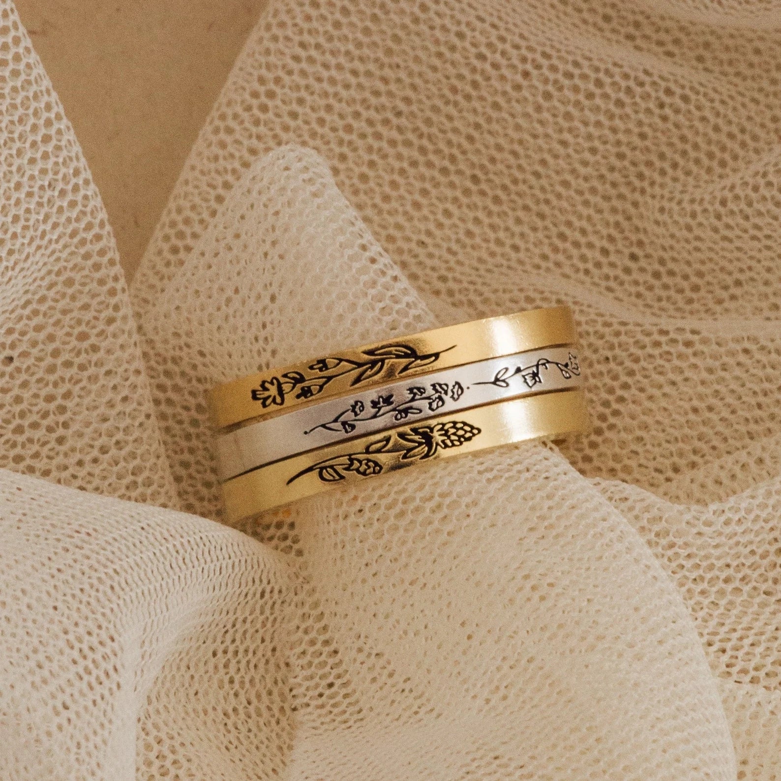 Stacking Birth Flower Band Silver 18K Gold Plated