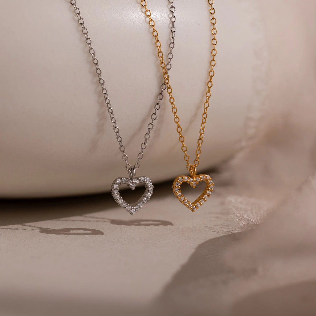 Pave Heart Charm Necklace Silver 18K Gold Plated