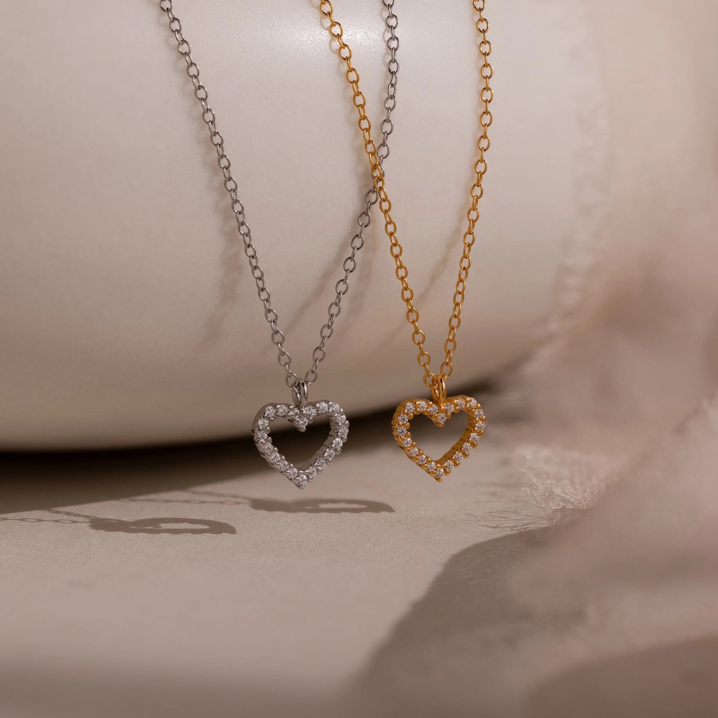 Pave Heart Charm Necklace Silver 18K Gold Plated