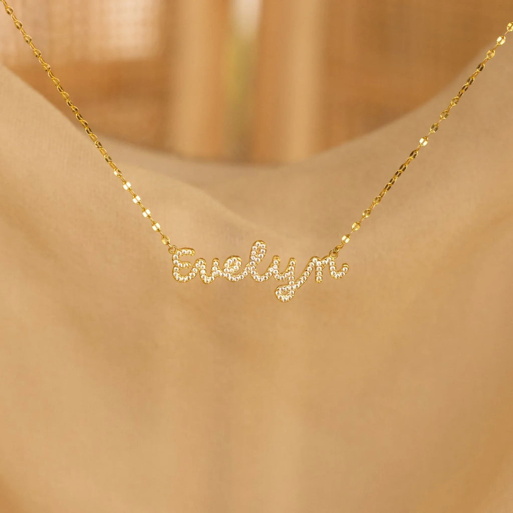 Pave Dream Script Name Necklace Silver 18K Gold Plated