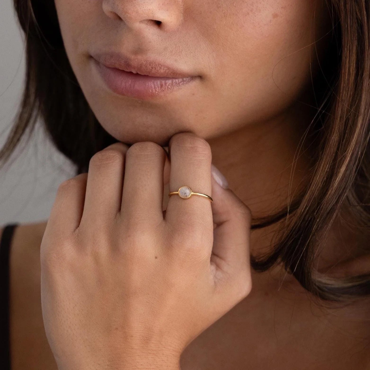 Dainty Round Moonstone Ring Silver 18K Gold Plated