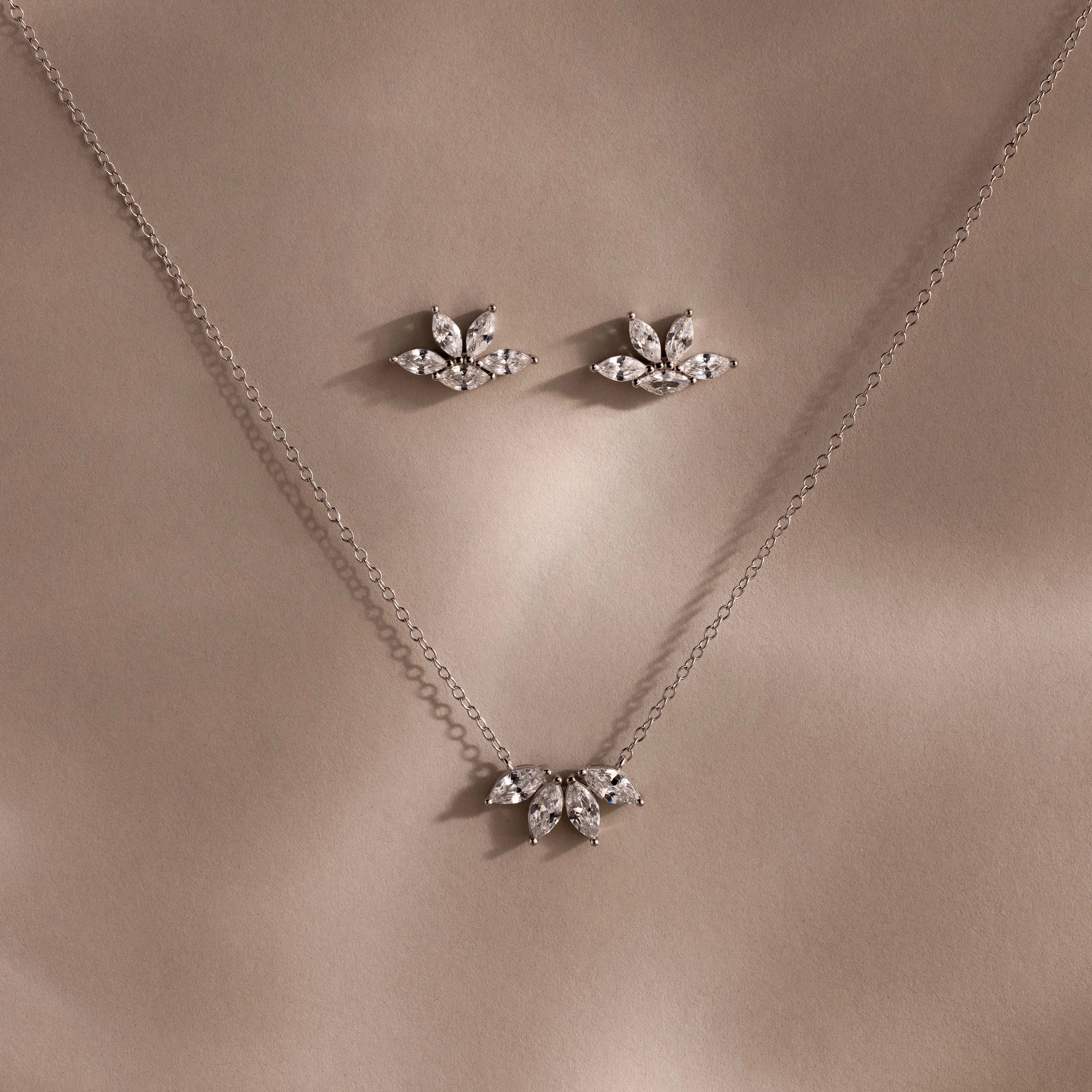 Marquise Diamond Necklace & Earrings Set Silver 18K Gold Plated
