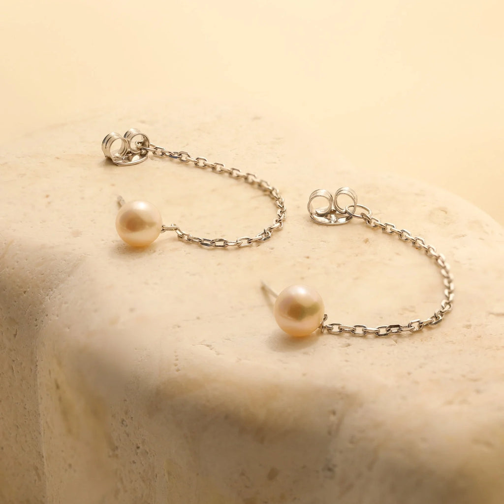 Pearl Chain Studs Silver 18K Gold Plated