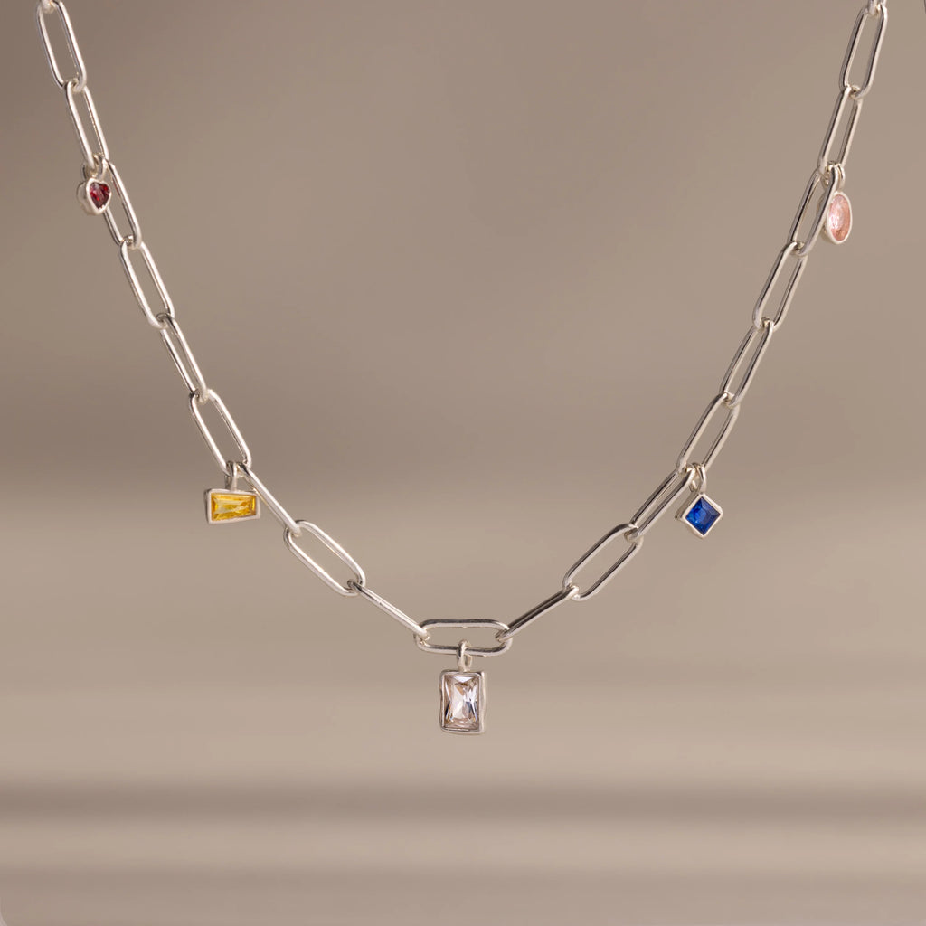 Mixed Birthstone Charm Necklace Silver 18K Gold Plated