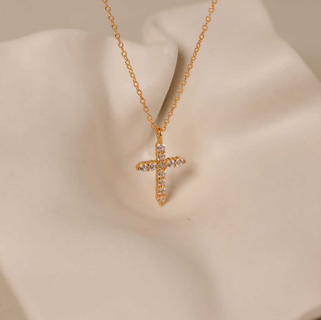 Diamond Pave Cross Necklace Silver 18K Gold Plated