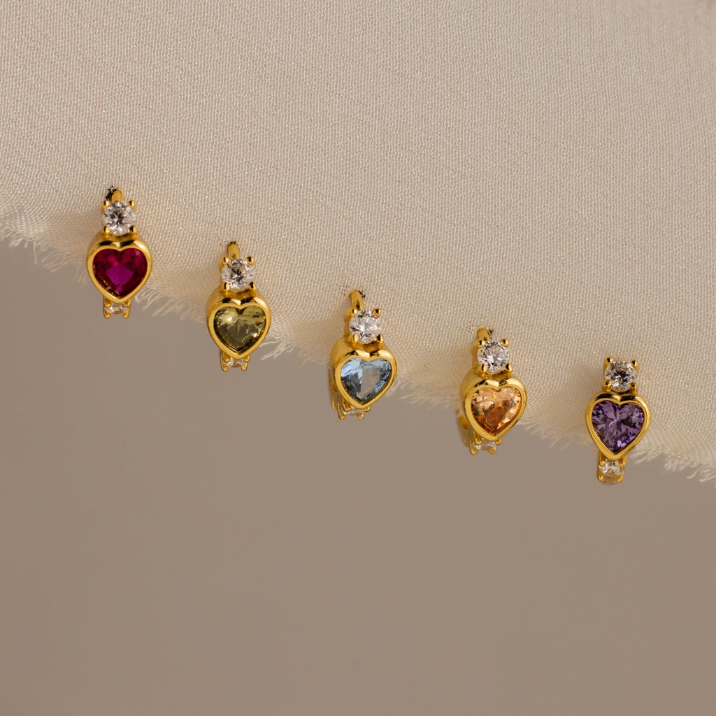 Garnet Heart Hoops Silver 18K Gold Plated