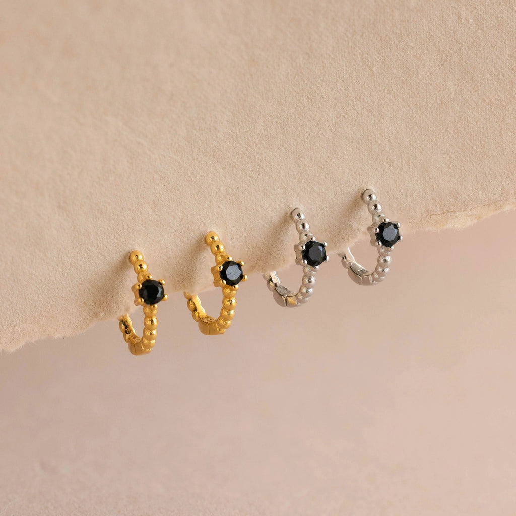 Onyx Beaded Huggies Silver 18K Gold Plated