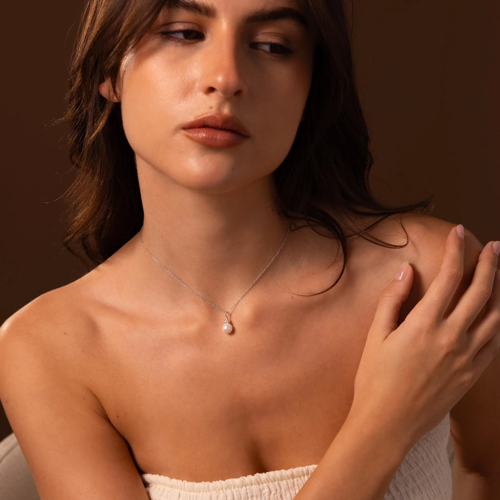 Diamond Halo Pearl Necklace Silver 18K Gold Plated