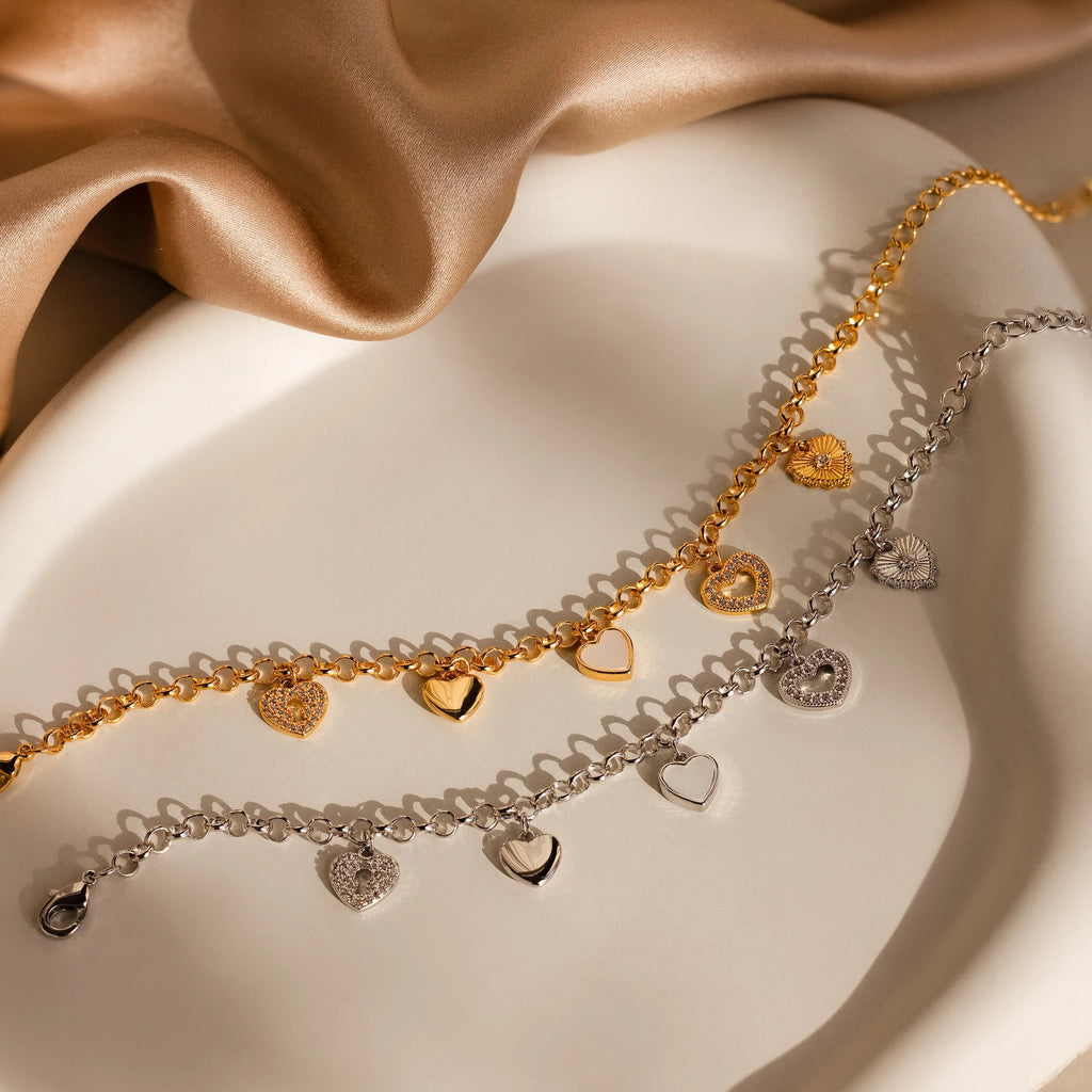 Heart Charm Bracelet Silver 18K Gold Plated