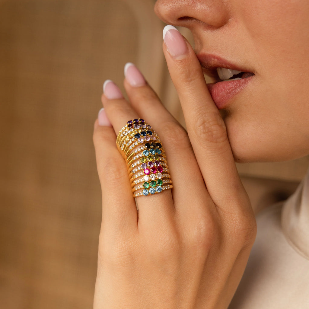 Pave Triple Birthstone Ring Silver 18K Gold Plated