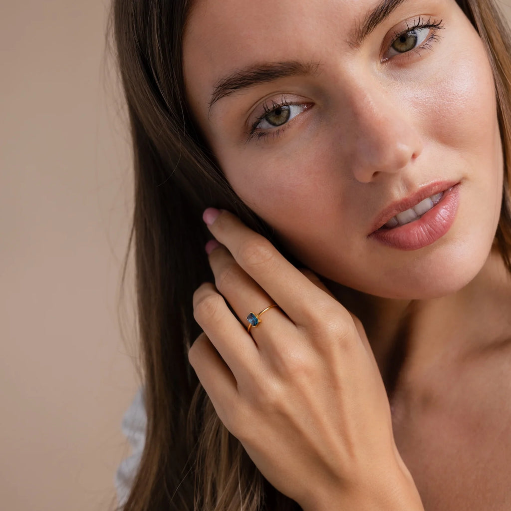 Blue Topaz Emerald Ring Silver 18K Gold Plated