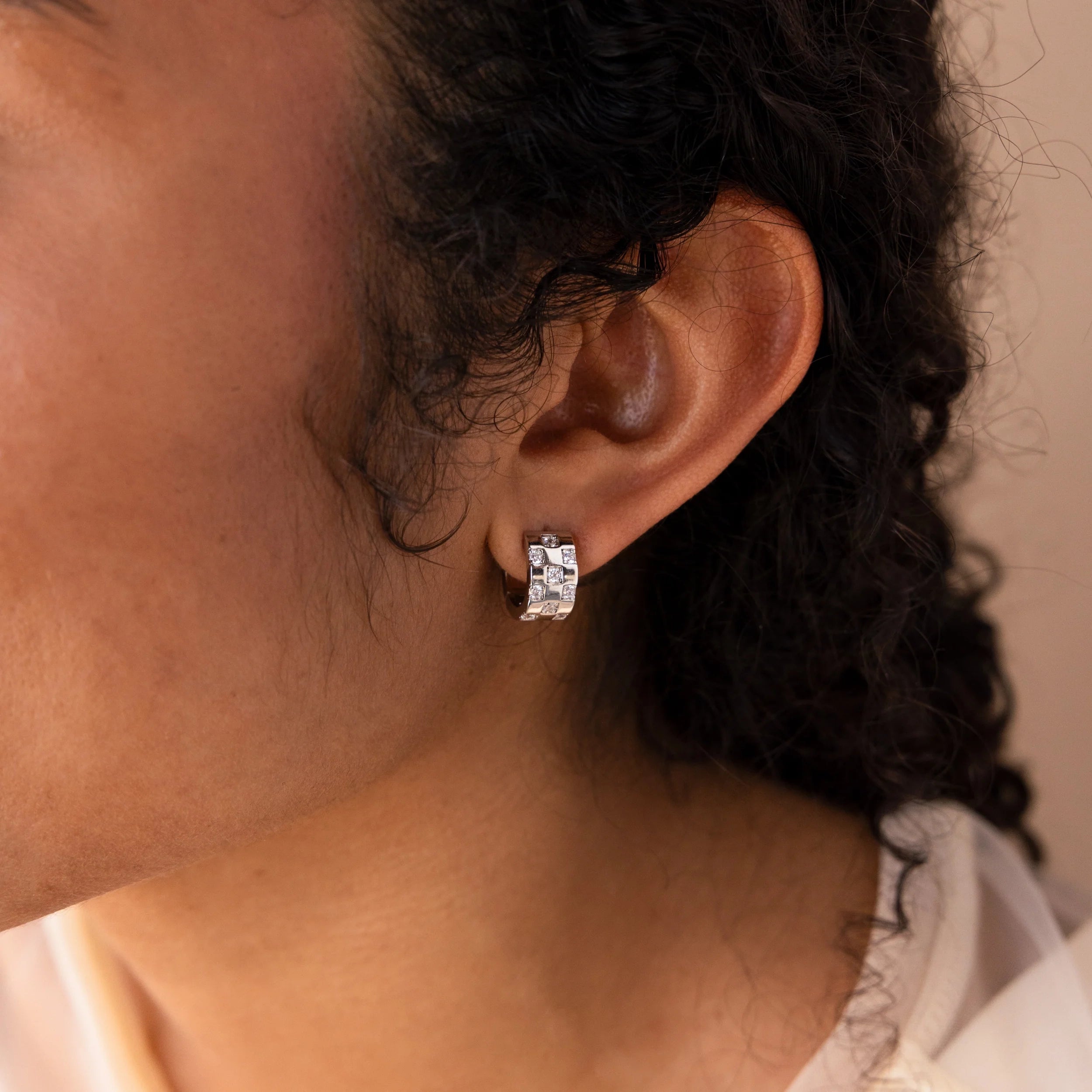 Pave Checkered Huggies Silver 18K Gold Plated