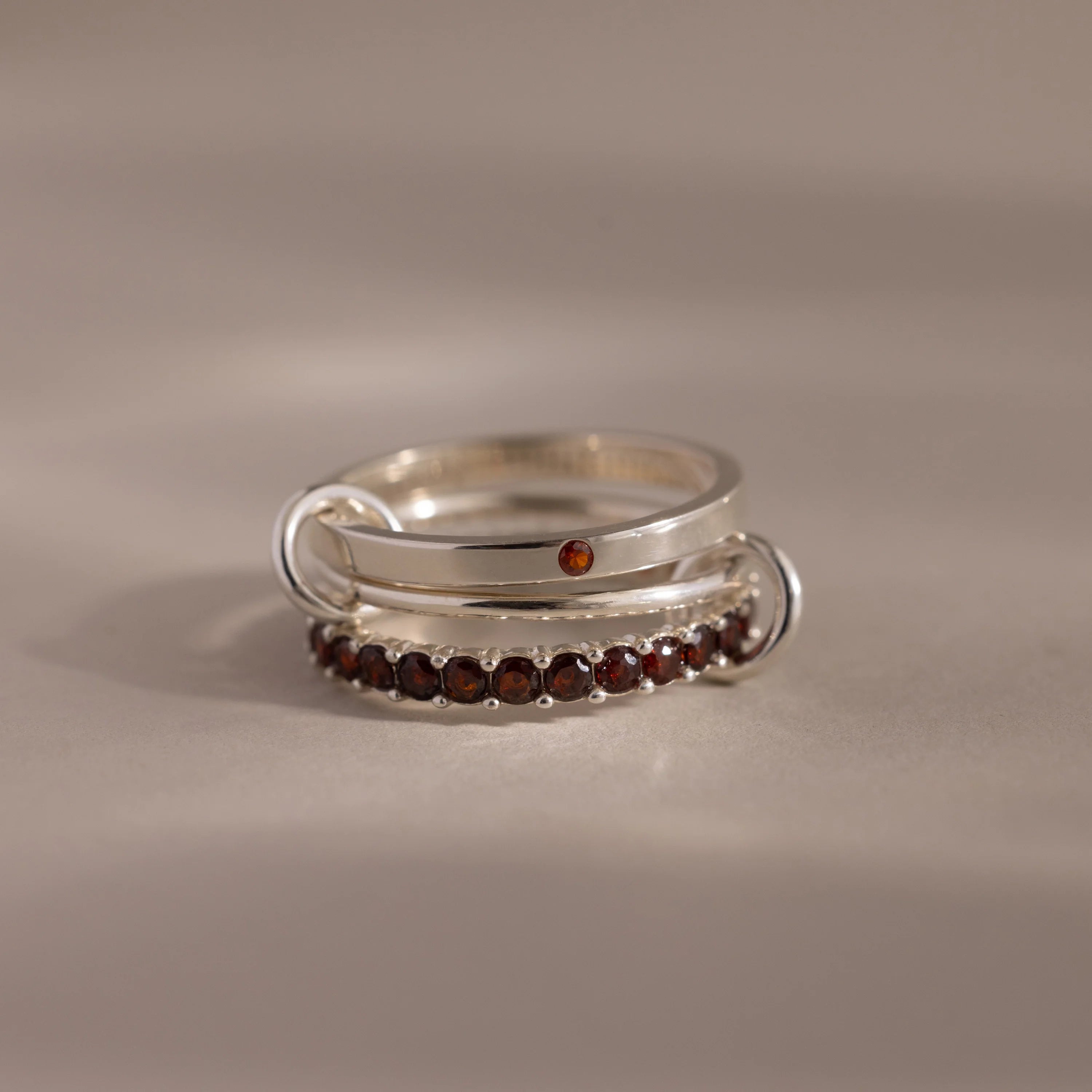 Triple Linked Garnet Eternity Band Ring Silver 18K Gold Plated