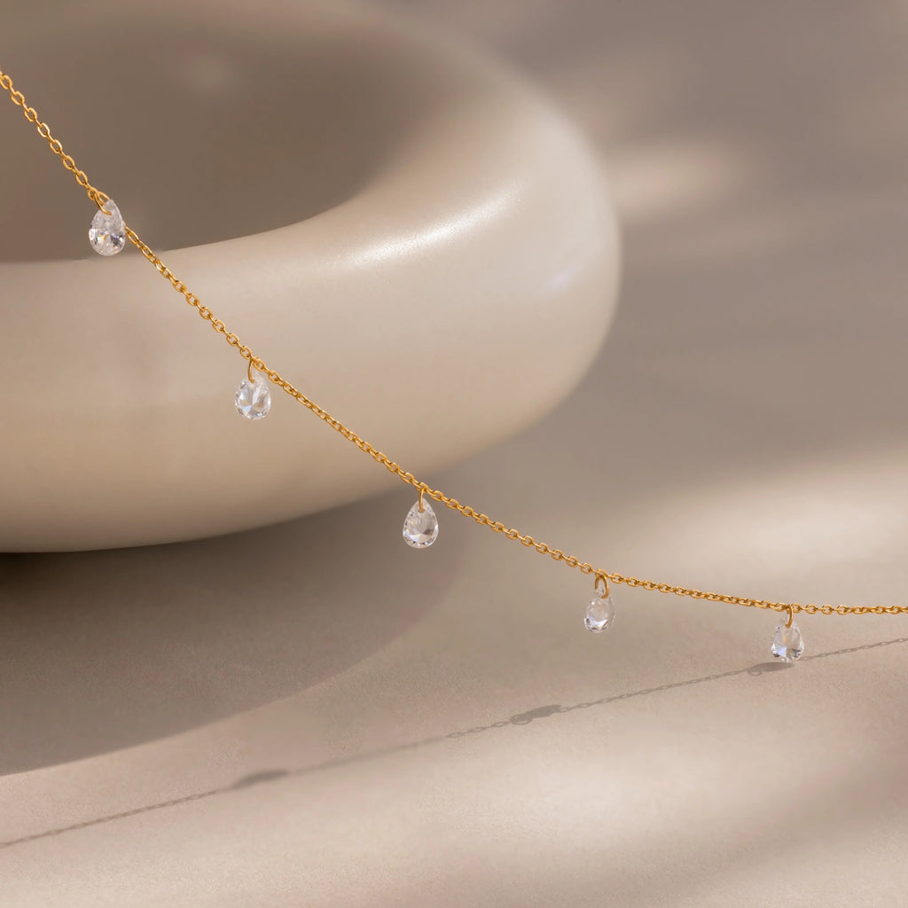 Diamond Drop Station Necklace Silver 18K Gold Plated