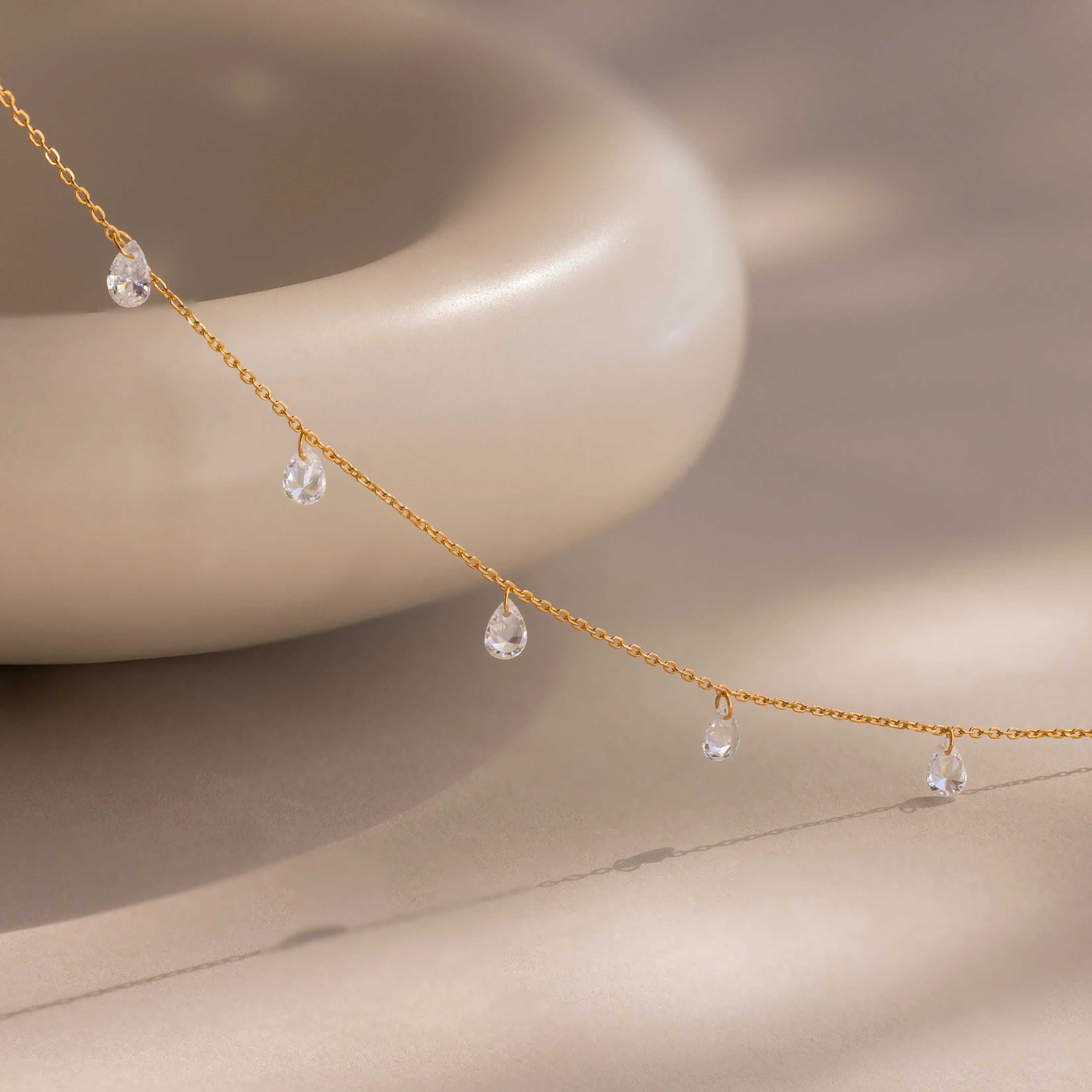 Diamond Drop Station Necklace Silver 18K Gold Plated
