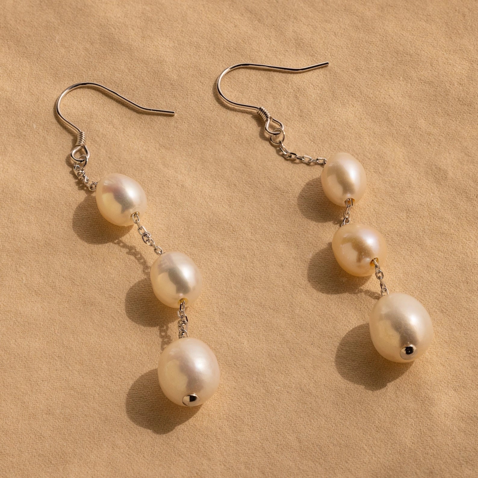 Long Pearl Dangle Earrings Silver 18K Gold Plated