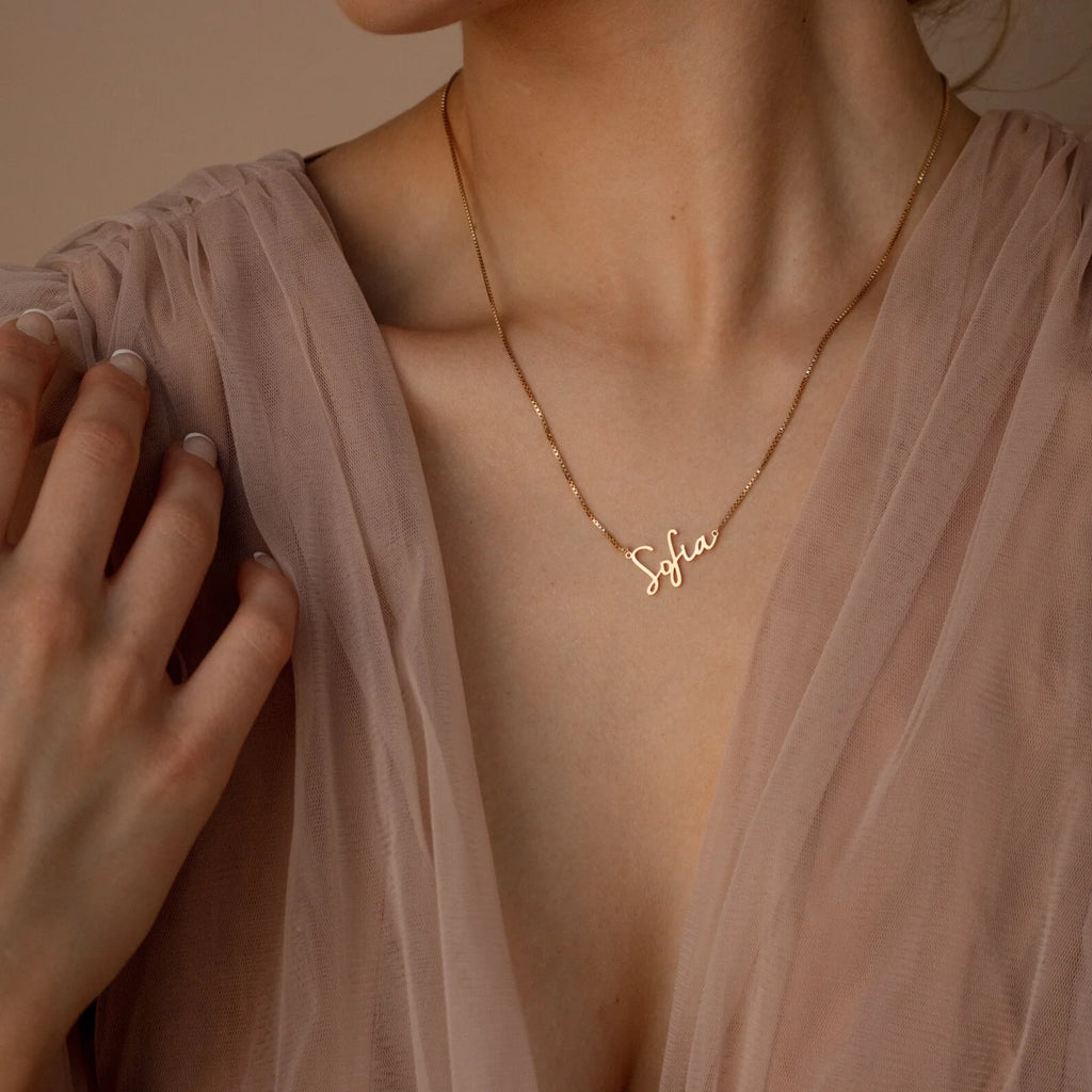 Nella Name Box Chain Necklace Silver 18K Gold Plated