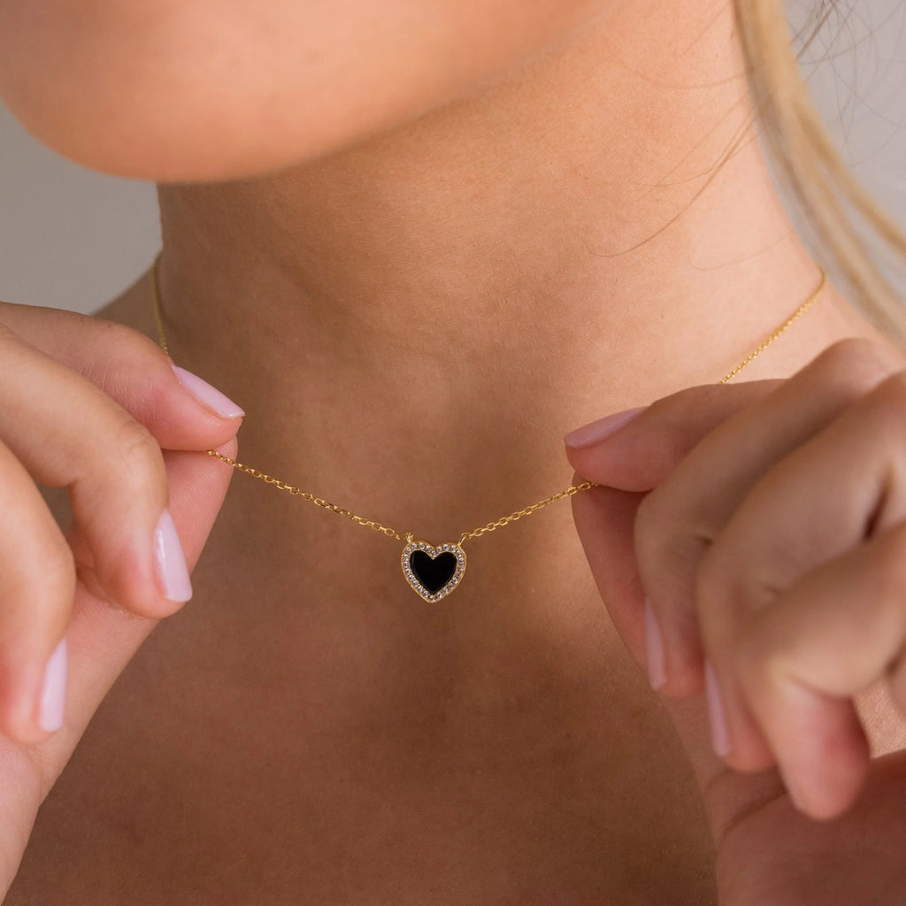 Pave Diamonds Onyx Heart Necklace Silver 18K Gold Plated