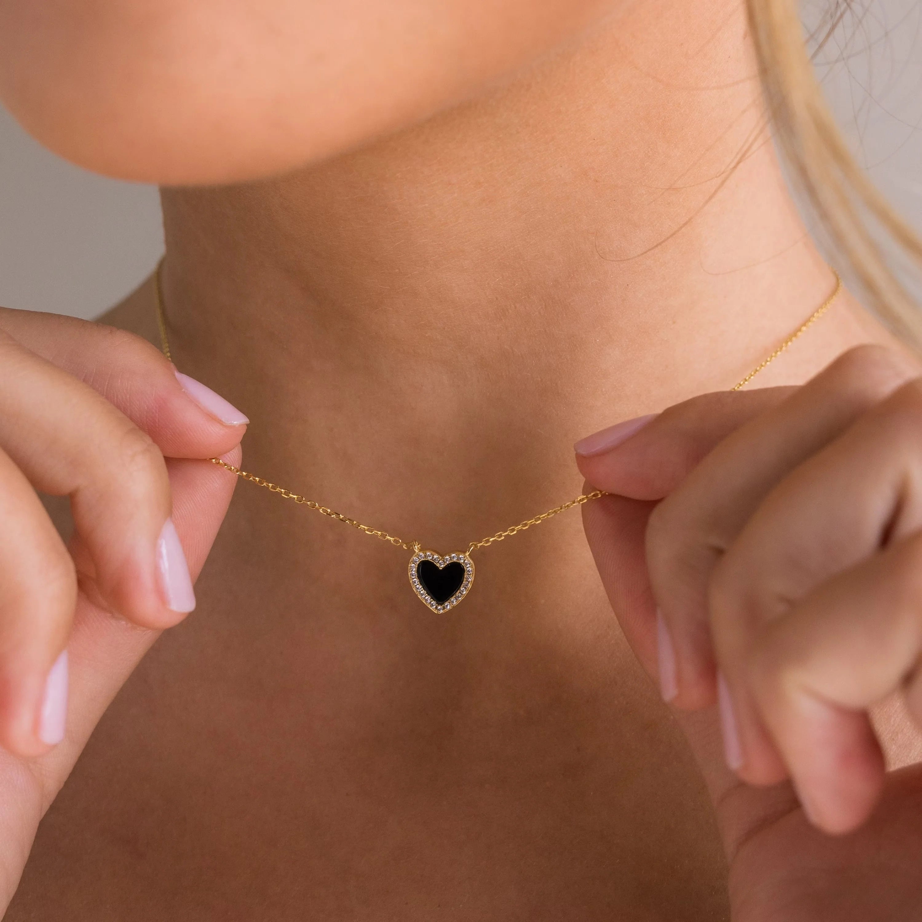 Pave Diamonds Onyx Heart Necklace Silver 18K Gold Plated