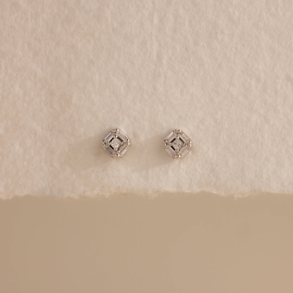 Diamond Art Deco Flatback Studs Silver 18K Gold Plated