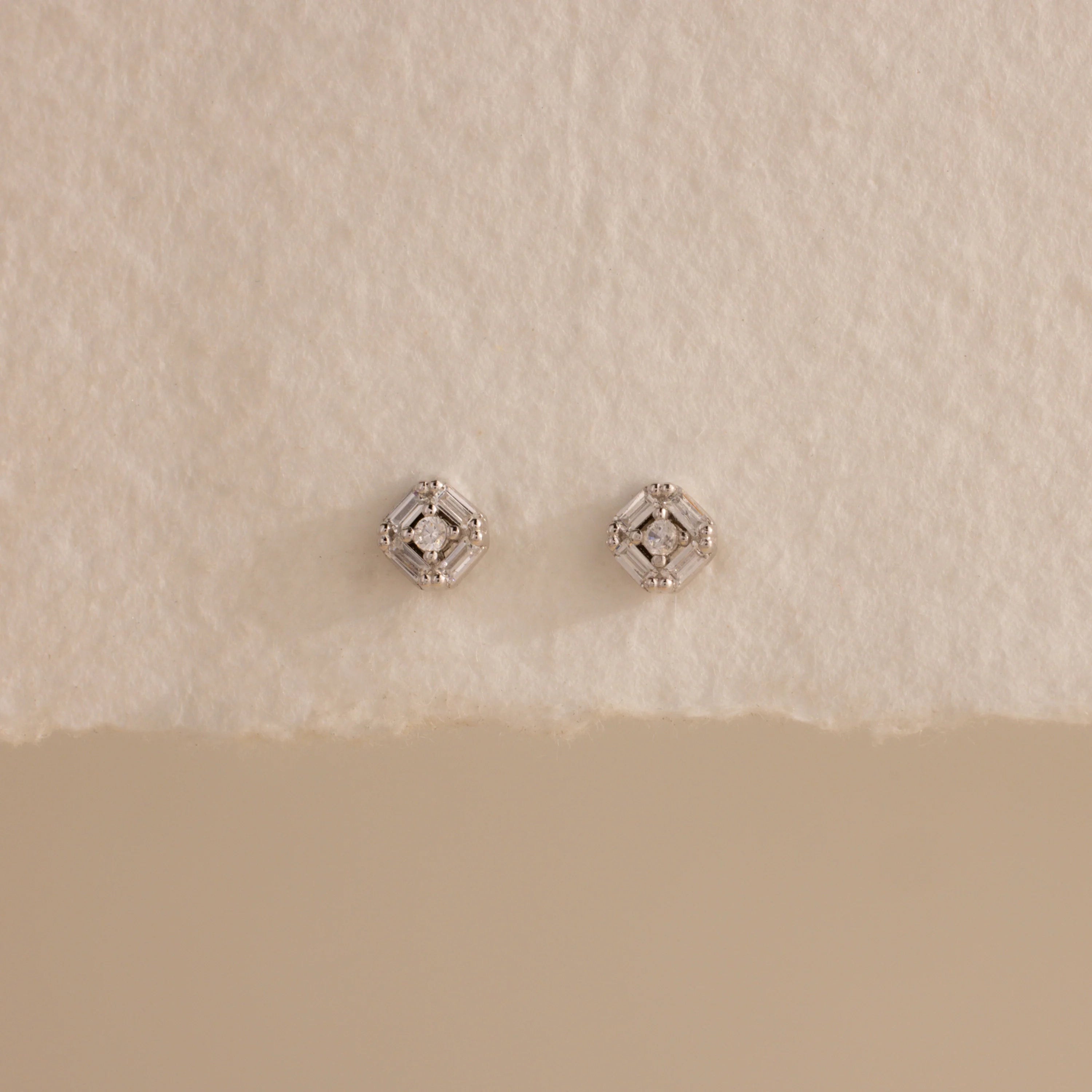 Diamond Art Deco Flatback Studs Silver 18K Gold Plated