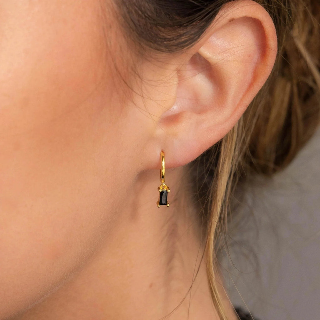 Onyx Baguette Drop Huggies Silver 18K Gold Plated