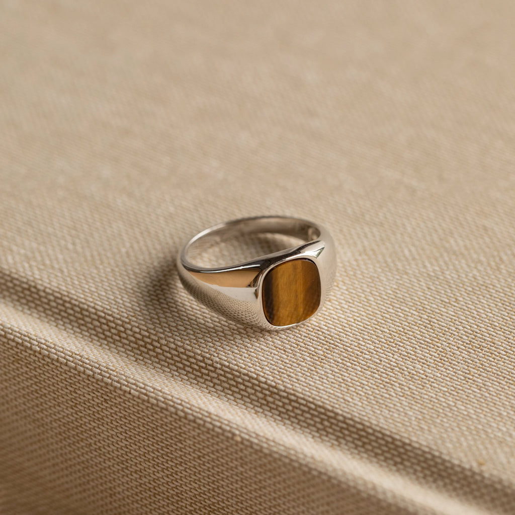 Faux Tiger's Eye Signet Ring Silver 18K Gold Plated