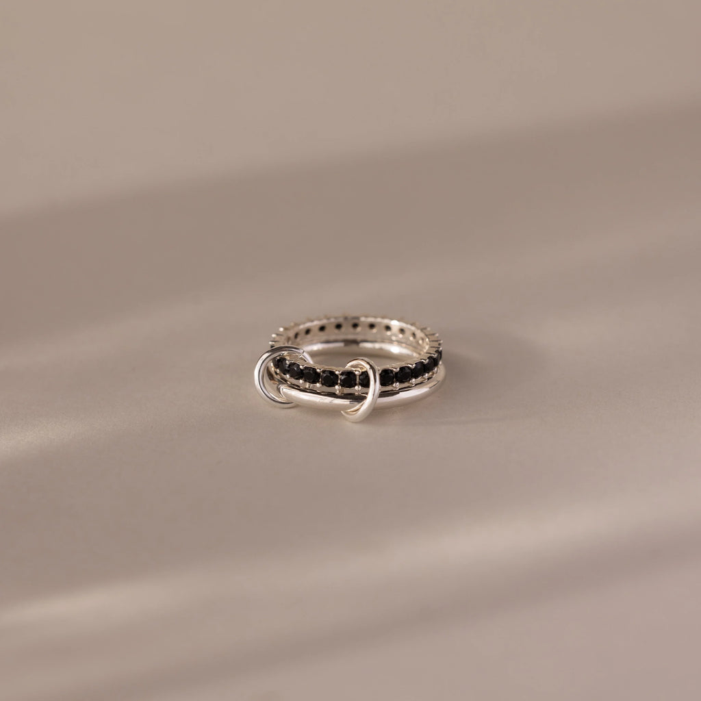Duo Onyx Eternity Band Tennis Linked Ring Set Silver 18K Gold Plated