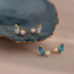 Marquise Cut Sapphire & Pearl Studs Silver 18K Gold Plated