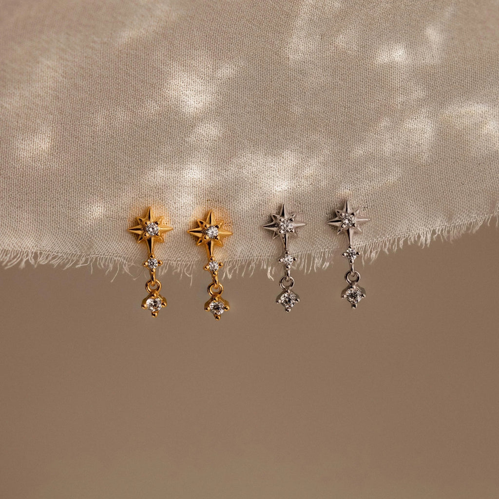 Diamond Starburst Drop Studs Silver 18K Gold Plated
