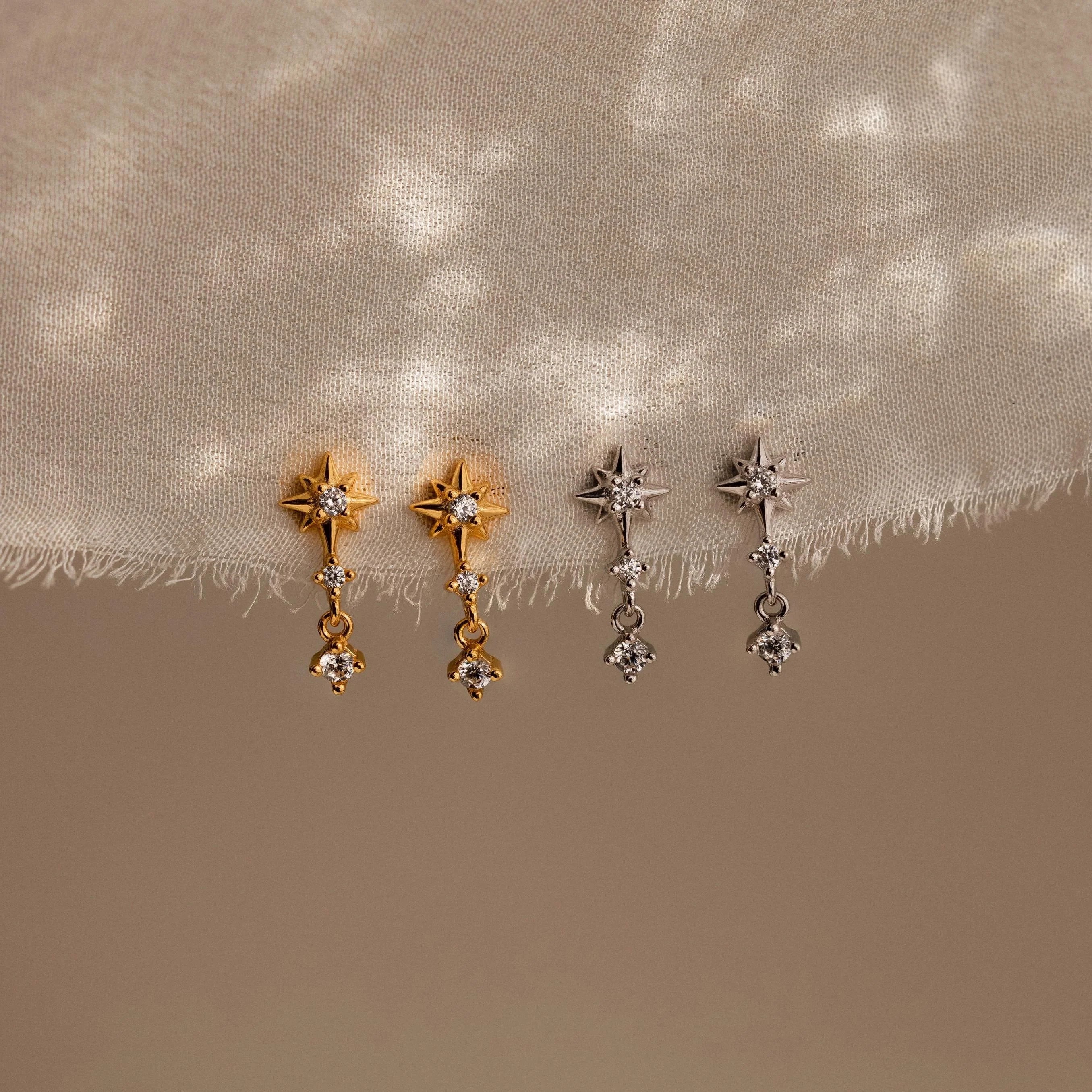 Diamond Starburst Drop Studs Silver 18K Gold Plated