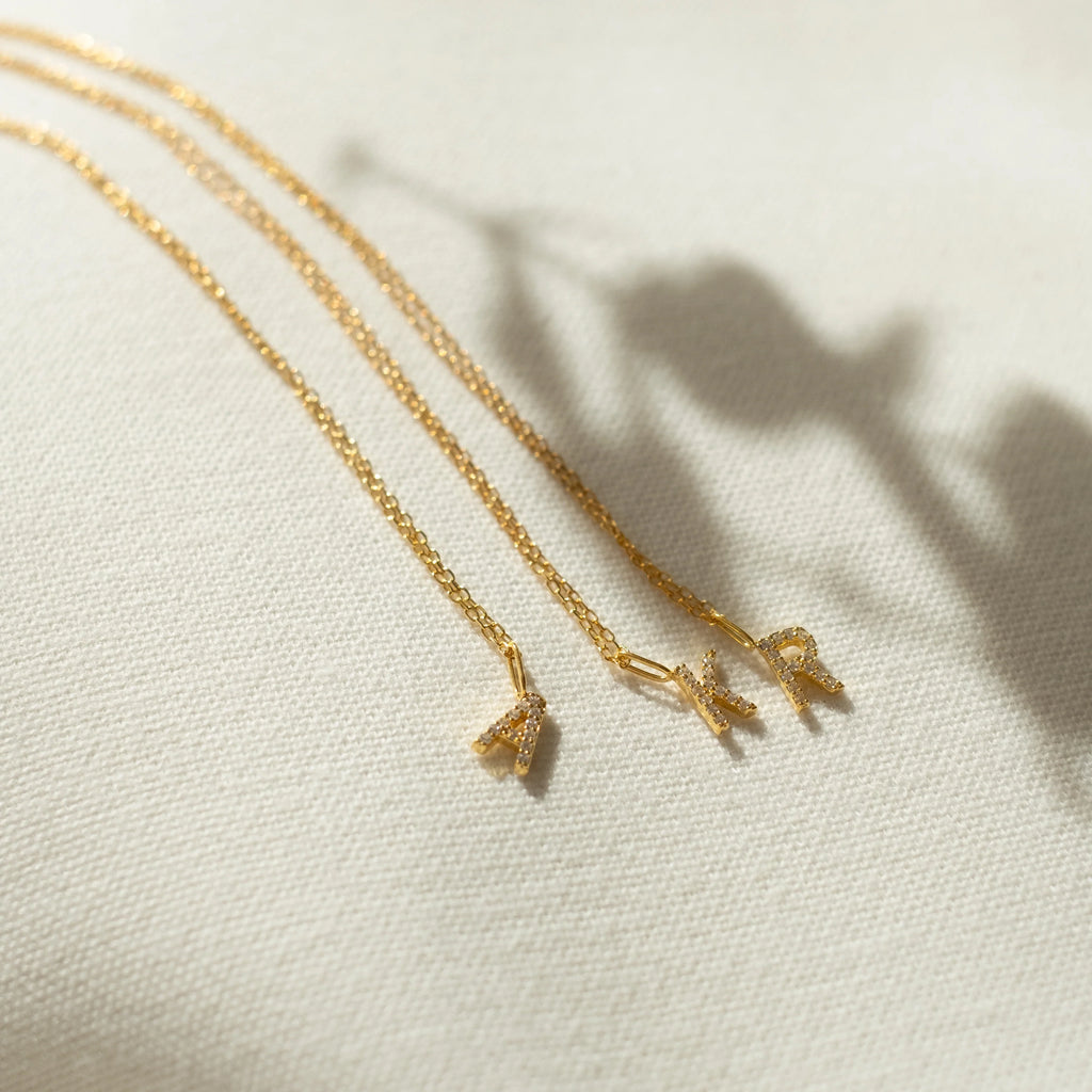 Dangling Pave Initial Necklace Silver 18K Gold Plated