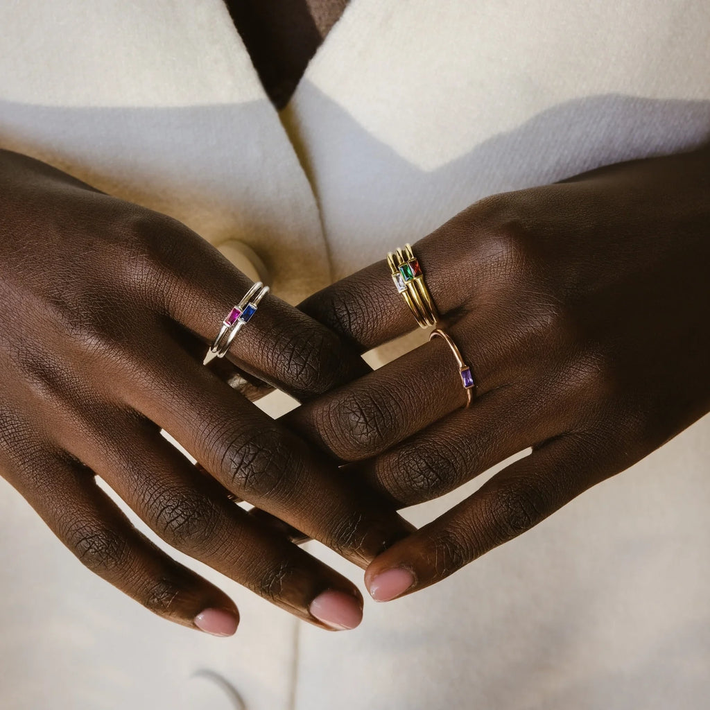 Baguette Birthstone Ring Silver 18K Gold Plated