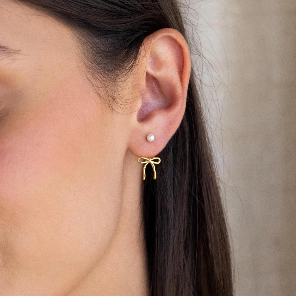Pearl & Bow Ear Jackets Silver 18K Gold Plated