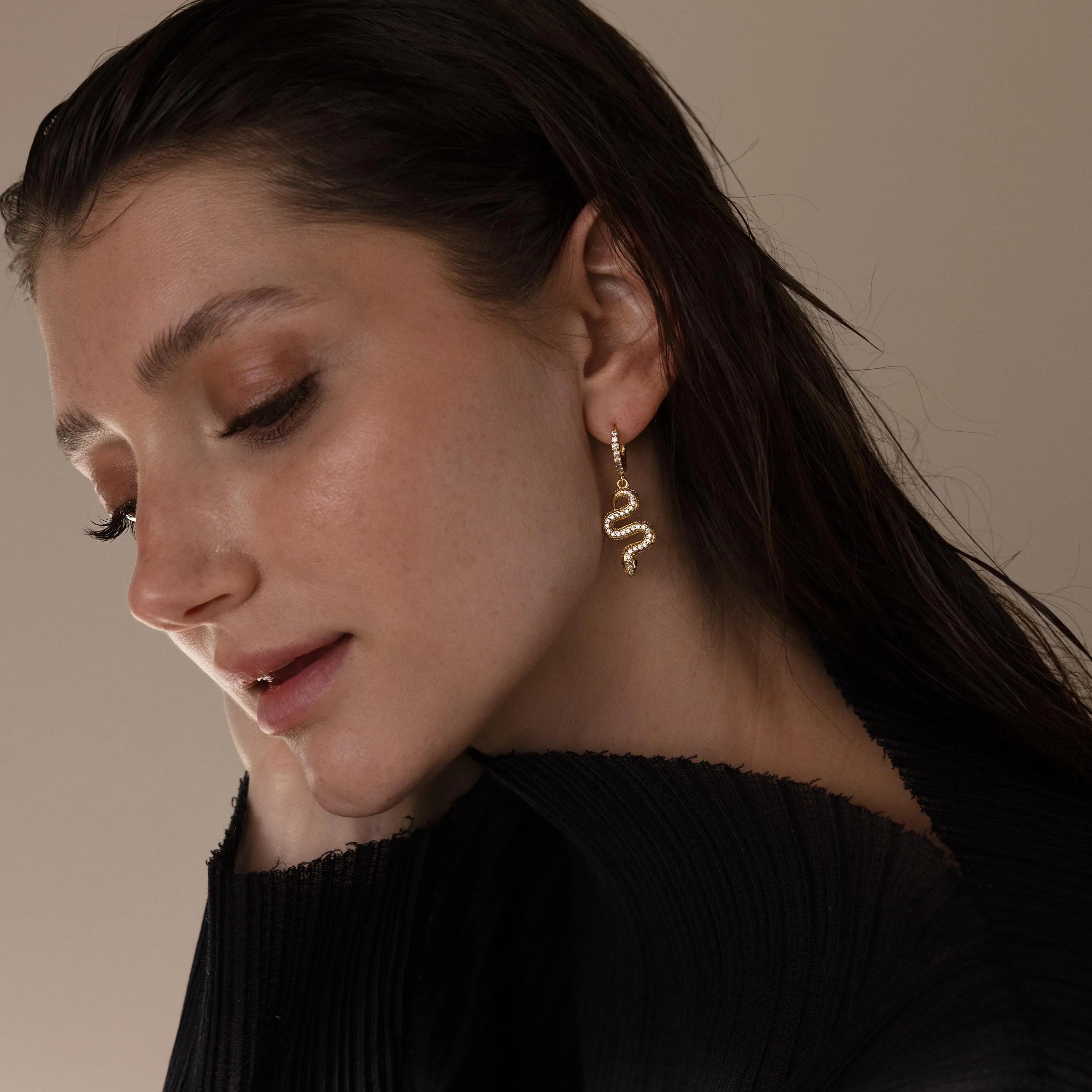 Pave Snake Charm Hoops Silver 18K Gold Plated