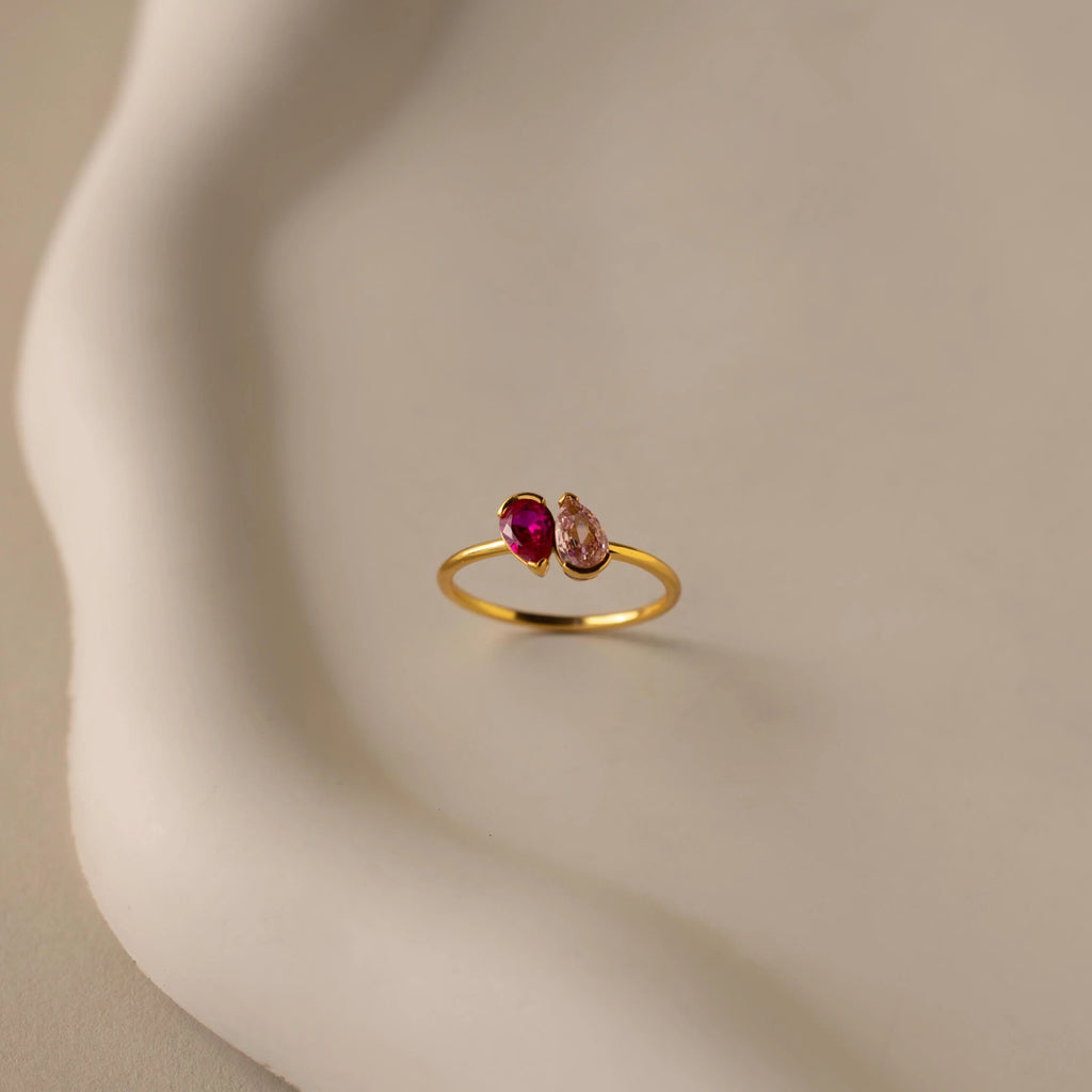Toi et Moi Pear Birthstone Ring Silver 18K Gold Plated