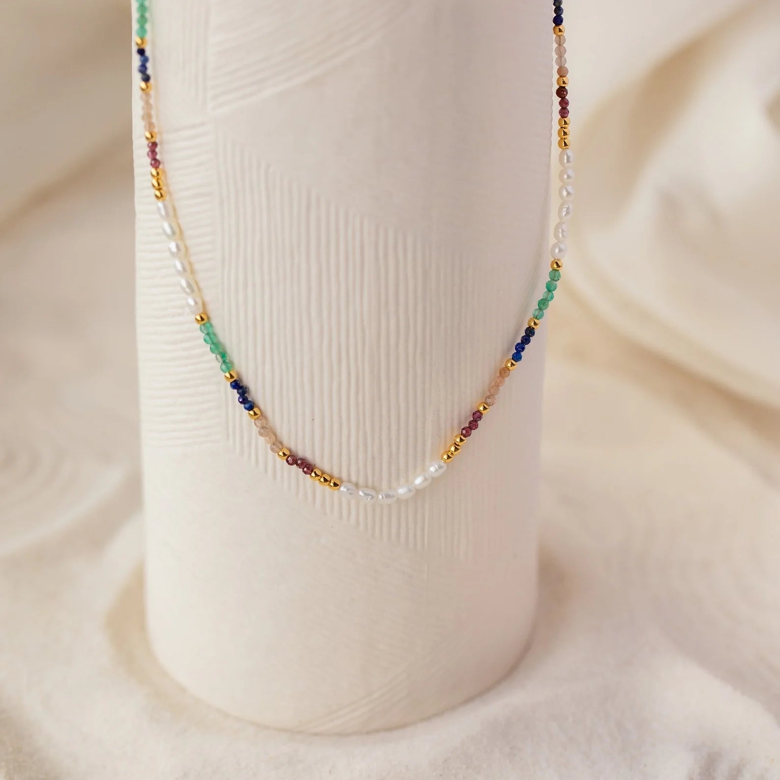 Rainbow Beaded Necklace Silver 18K Gold Plated