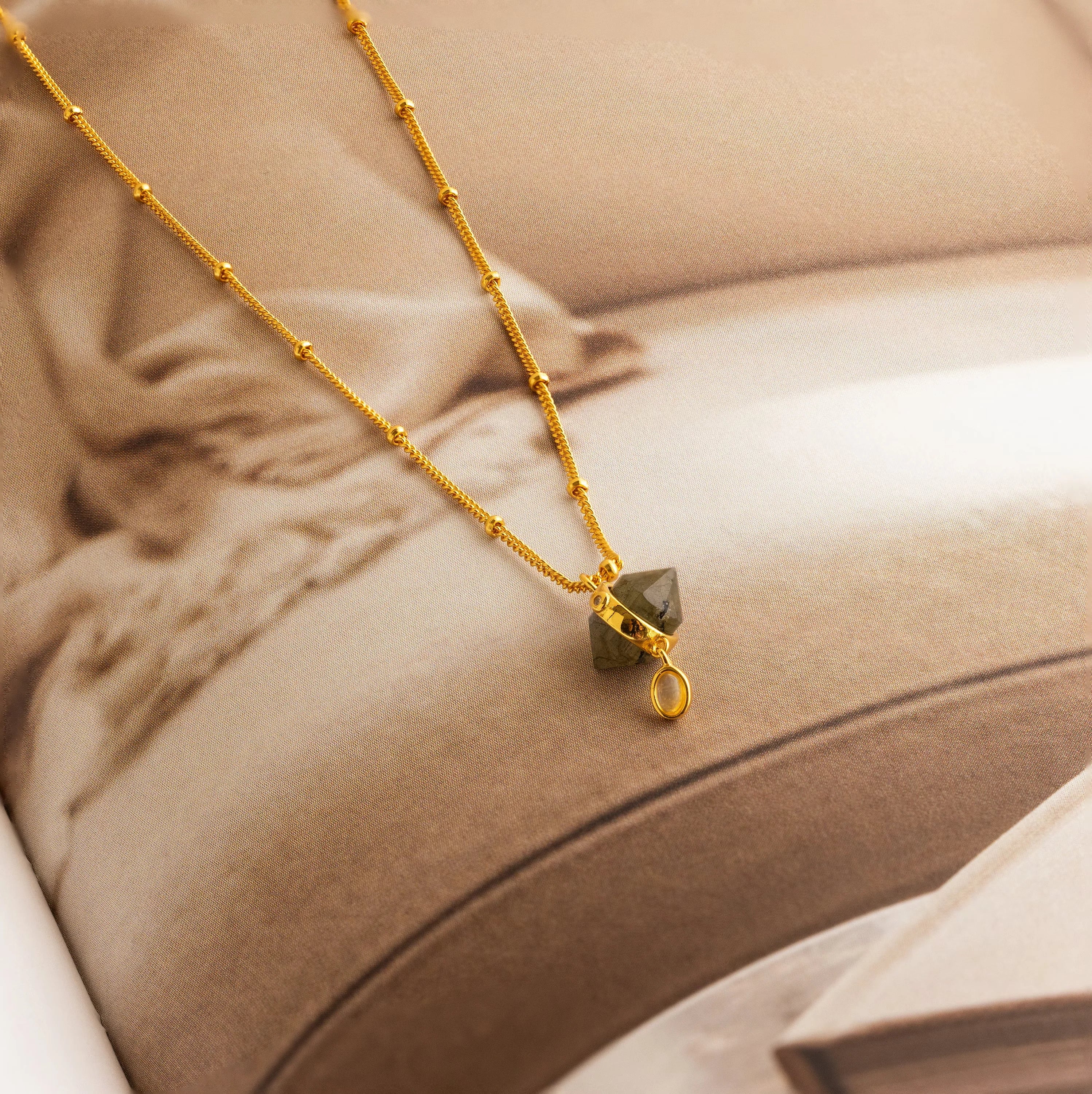 Labradorite & Moonstone Drop Necklace Silver 18K Gold Plated