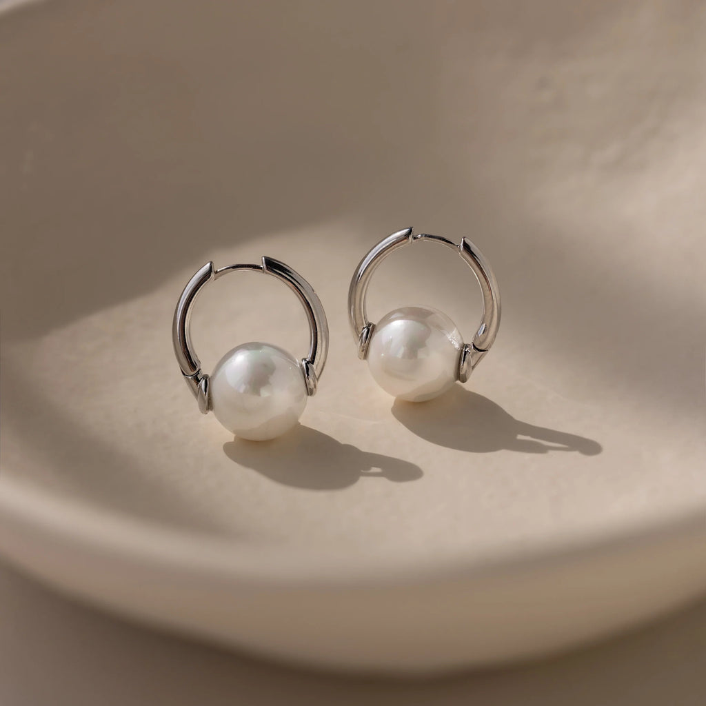 Bold Round Pearl Hoops Silver 18K Gold Plated