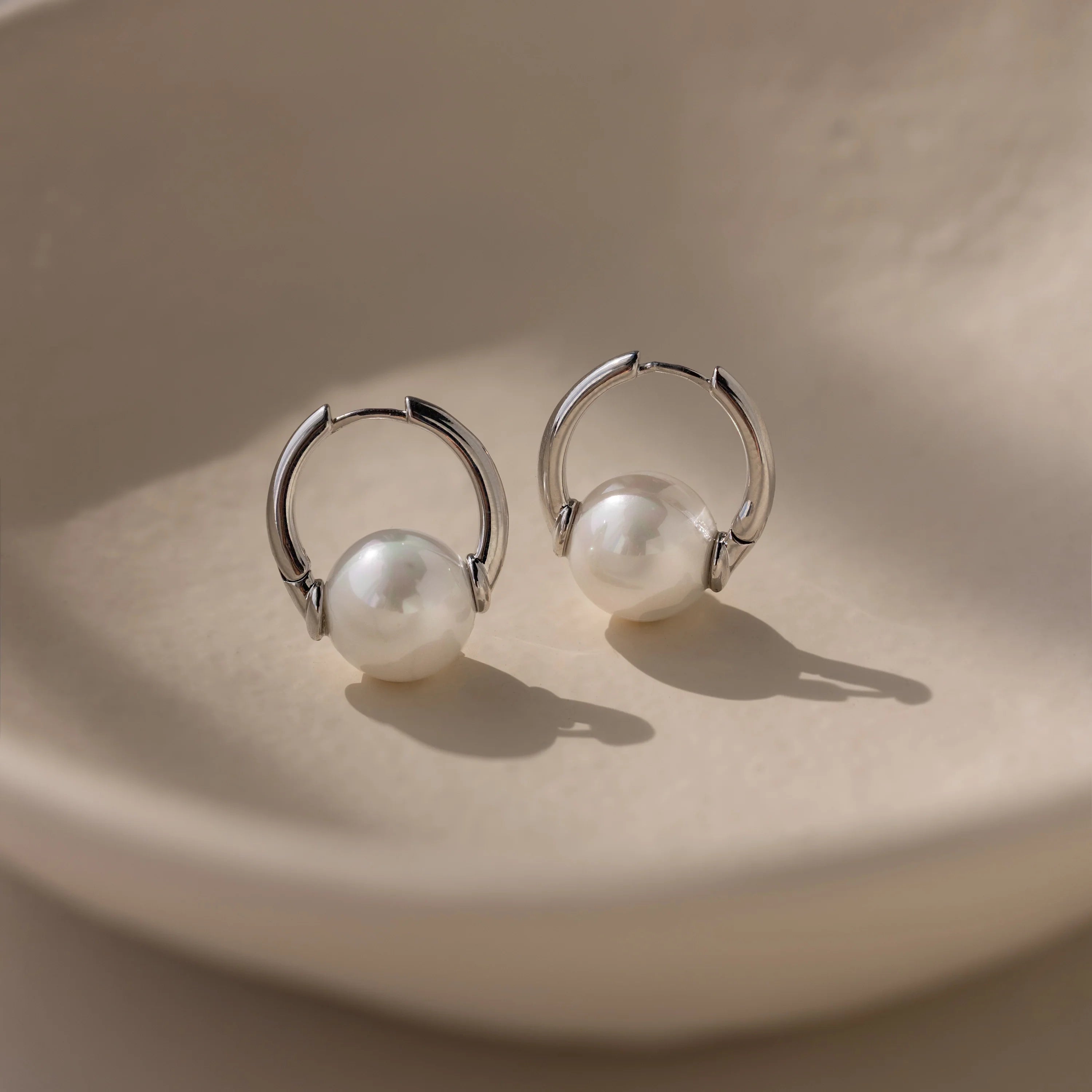 Bold Round Pearl Hoops Silver 18K Gold Plated