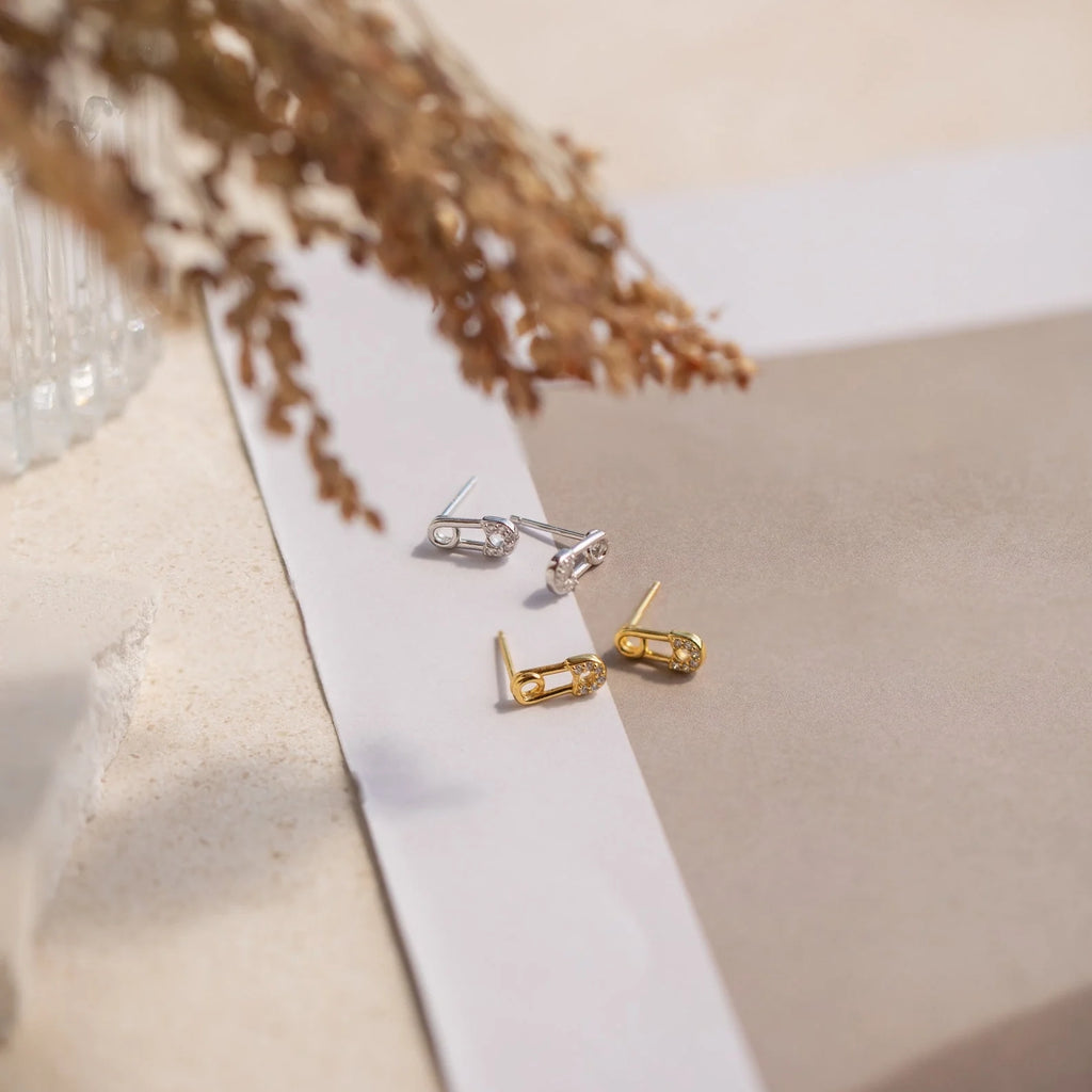Tiny Pave Safety Pin Studs Silver 18K Gold Plated