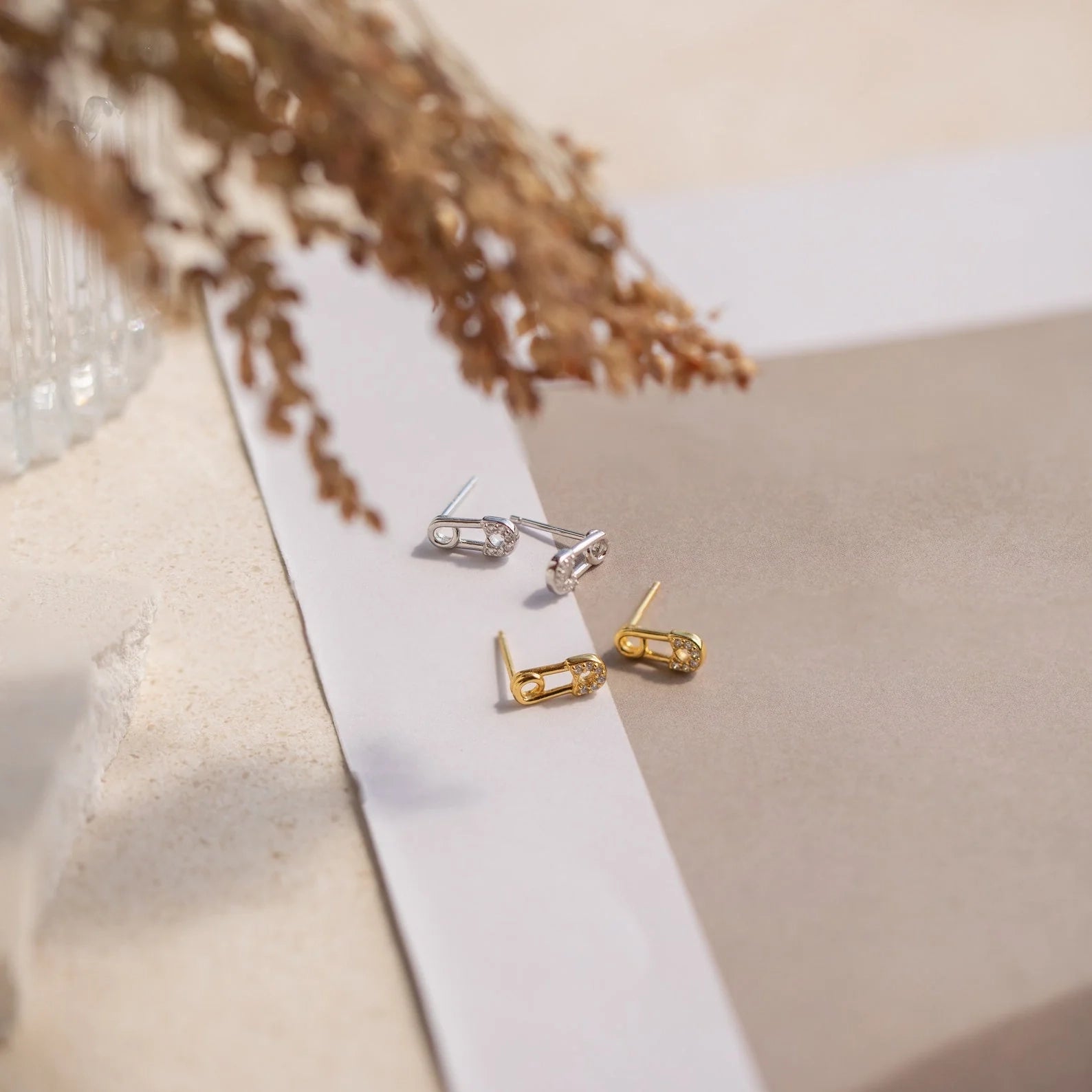 Tiny Pave Safety Pin Studs Silver 18K Gold Plated