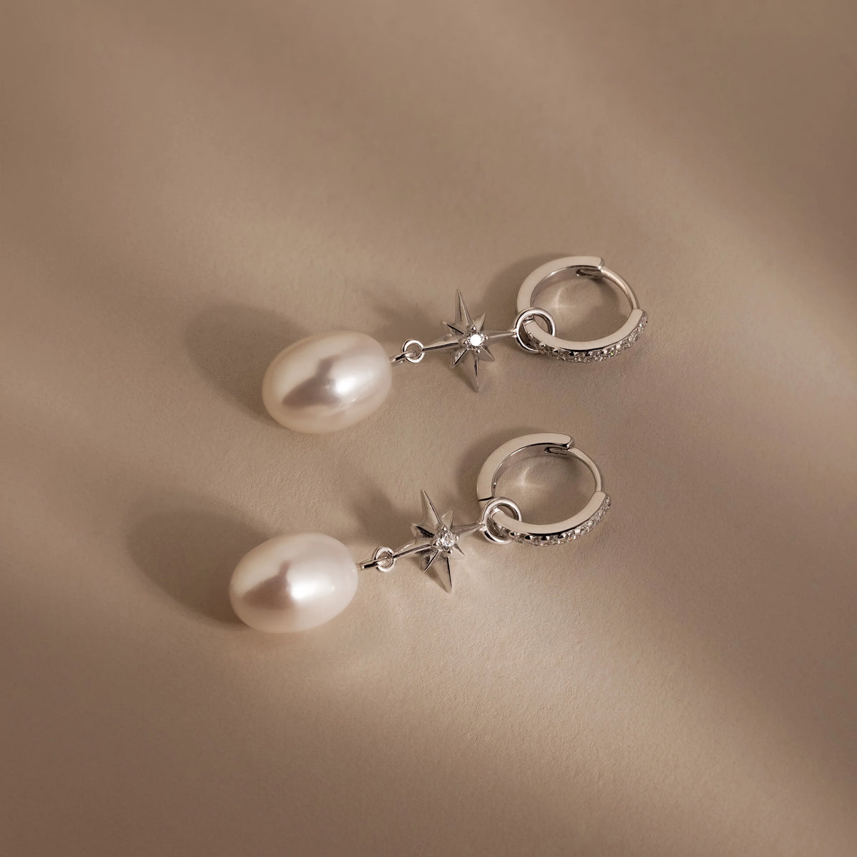 Diamond North Star Pearl Hoops Silver 18K Gold Plated