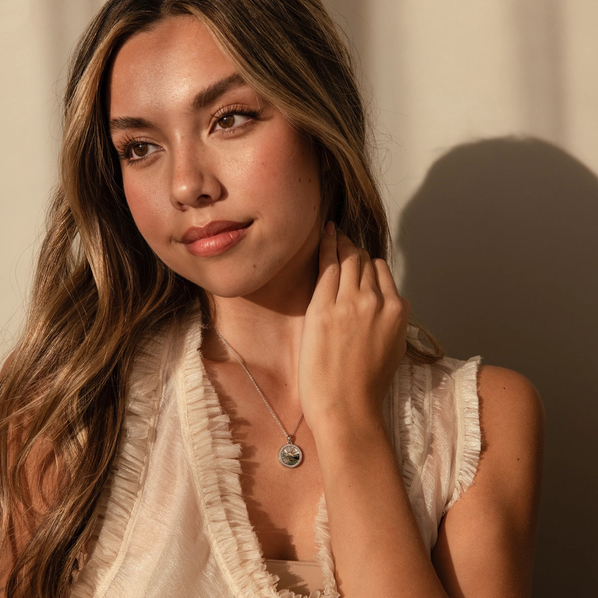 Diamond Pearl Sunrise Pendant Necklace Silver 18K Gold Plated