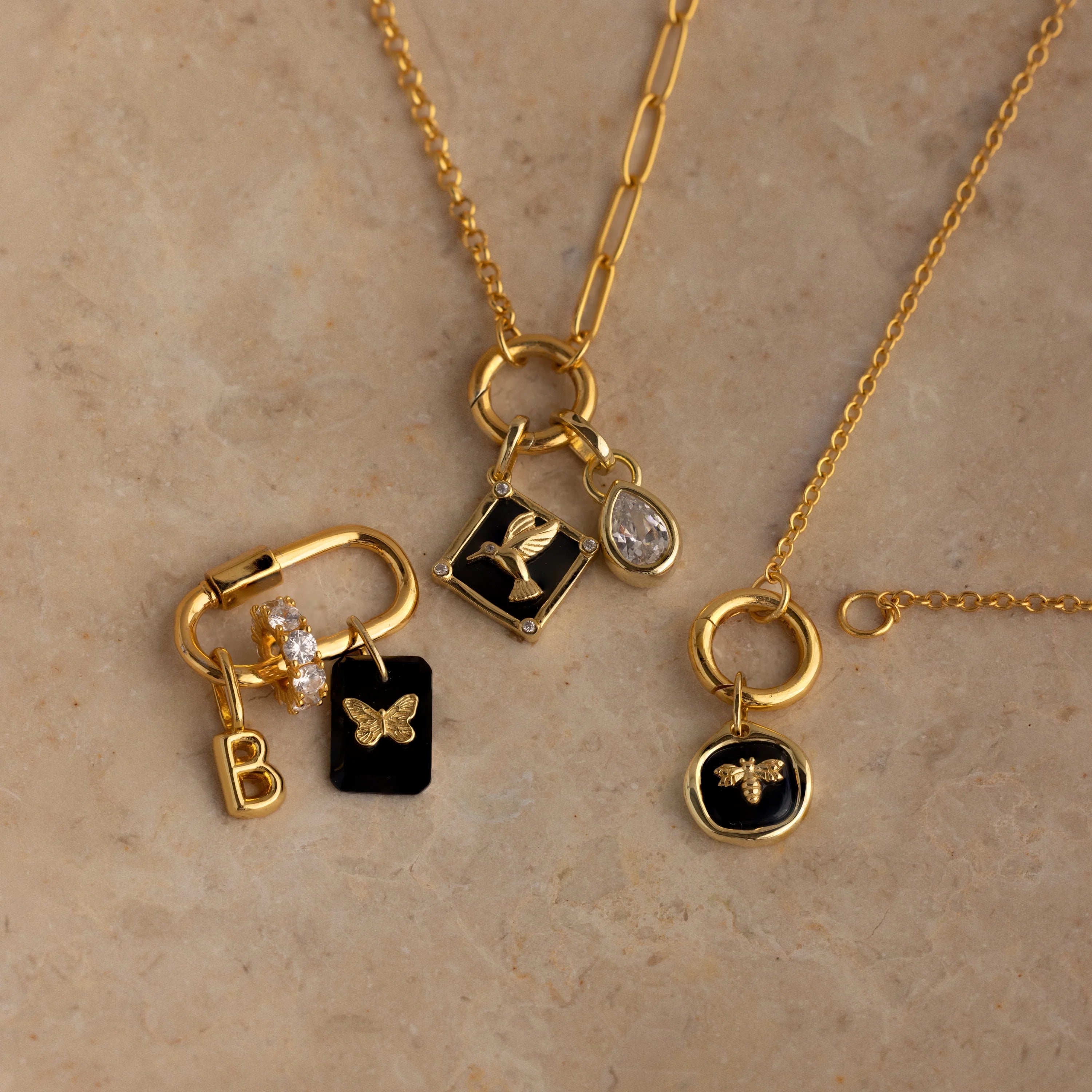 Diamonds Onyx Hummingbird Charm Silver 18K Gold Plated