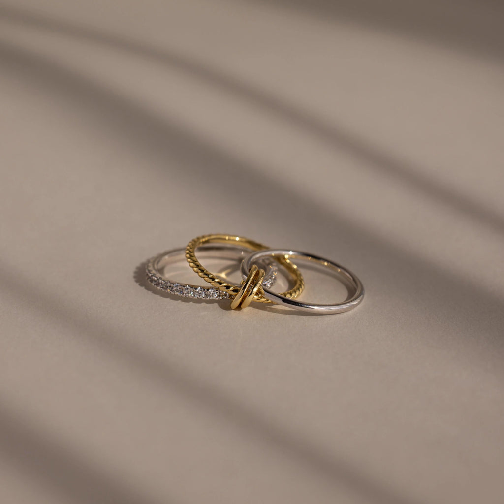 Pave Mixed Metal Linked Ring Set Silver 18K Gold Plated
