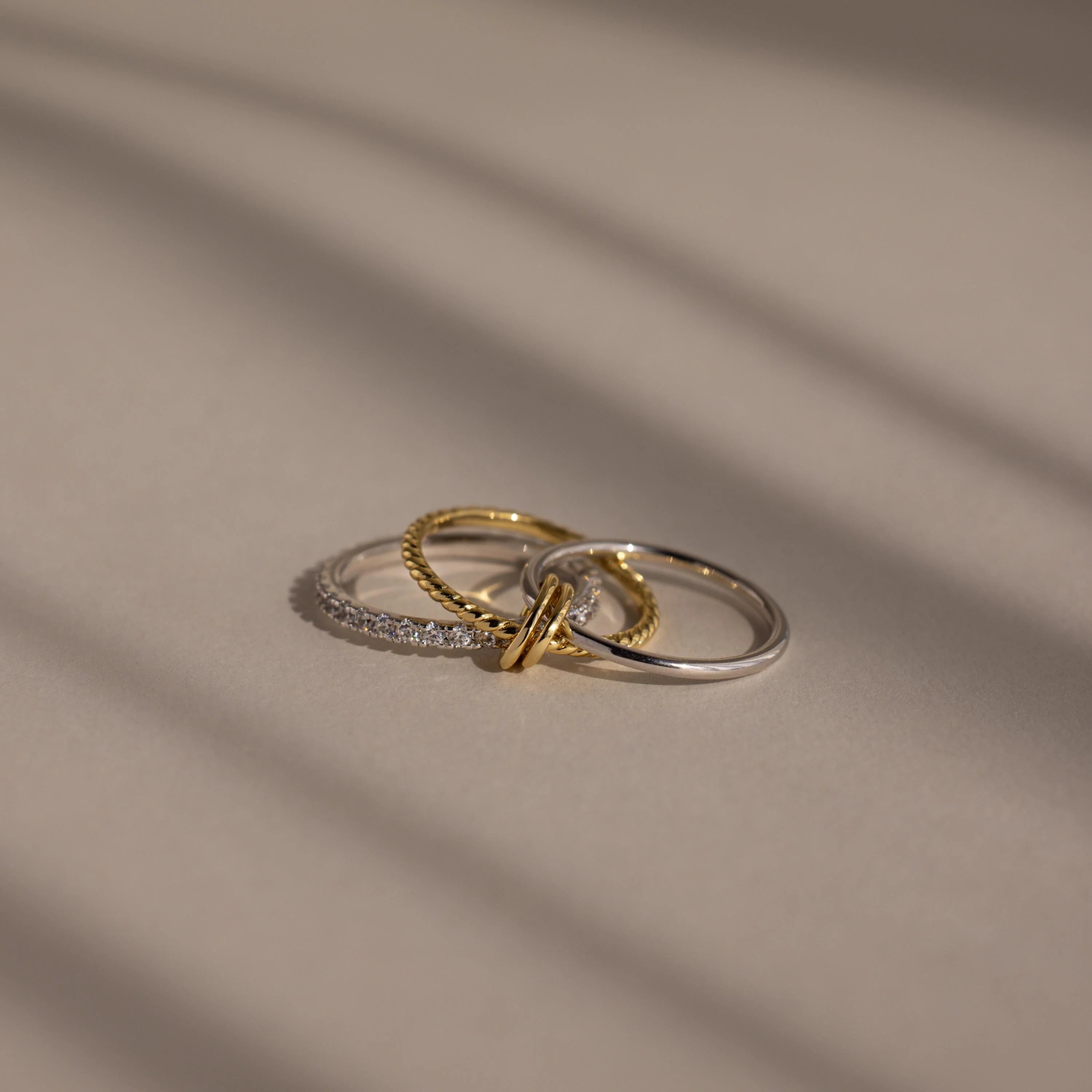 Pave Mixed Metal Linked Ring Set Silver 18K Gold Plated